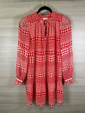 LOFT Chiffon Red and Ivory Polka Dots & Hearts Long Sleeve Mini Dress Size XS